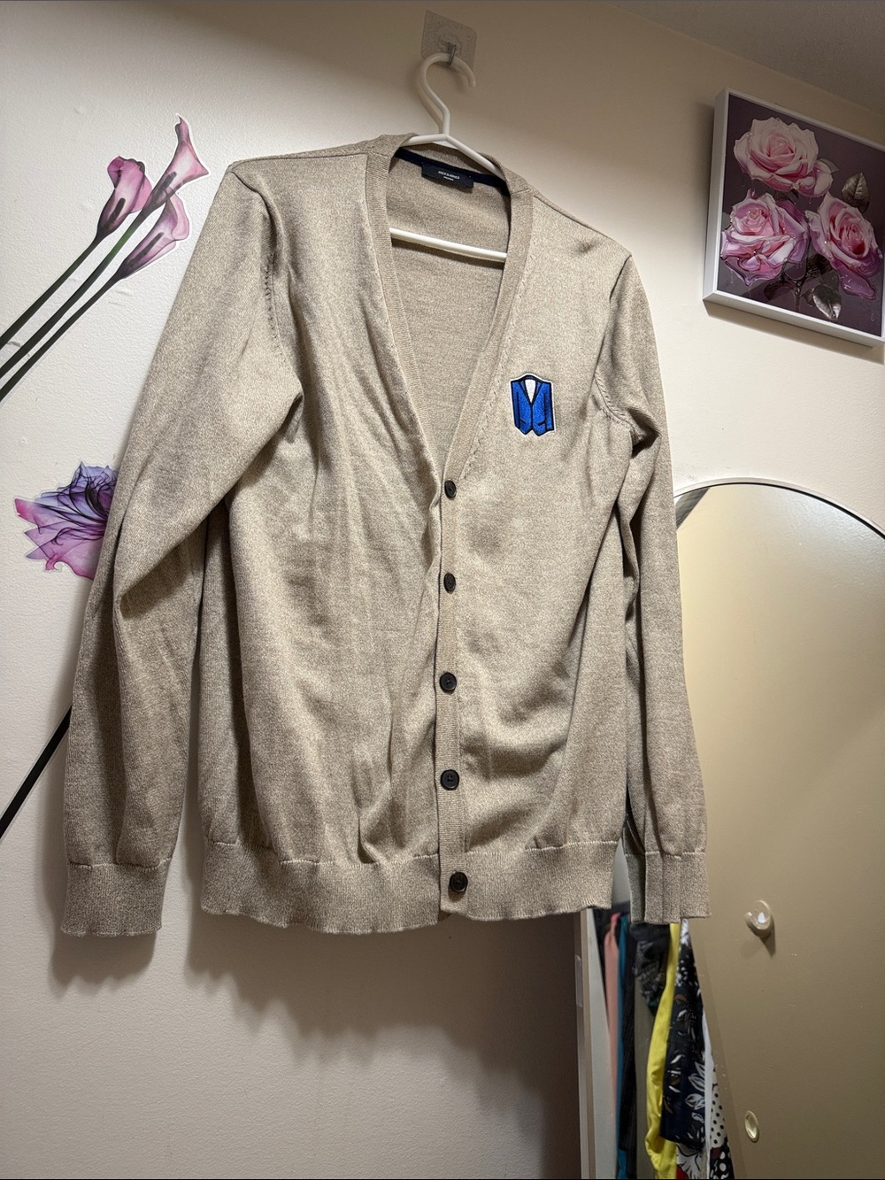 Jack & Jones Beige Button-Front Cardigan with Blue Crest Patch